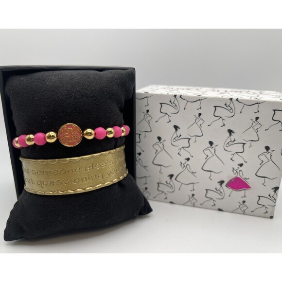 Rustic Cuff 2 Piece Set Pink Rubber Stretch Gold Inspirational Cuff Bracelet New - Picture 1 of 12